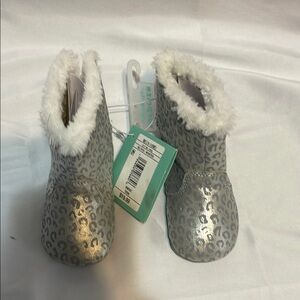 Silver Leopard Baby Booties with Faux Fur